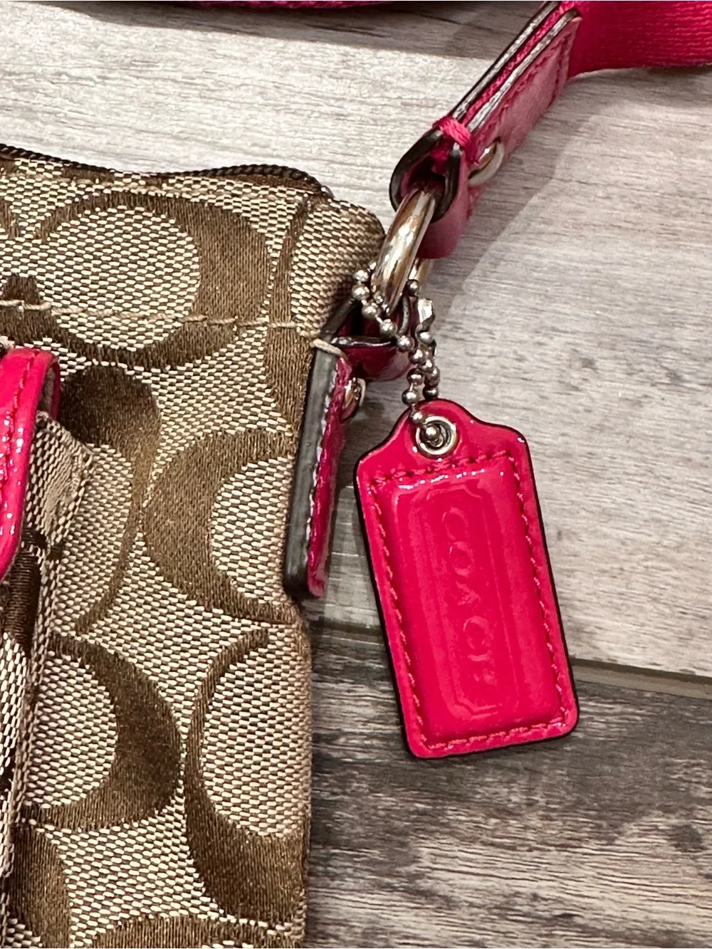 Coach Brown Signature Crossbody with Pink Trim and Strap